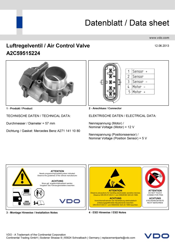 Дроссельная заслонка VDO CONTINENTAL A2C59515224 A2C86626500